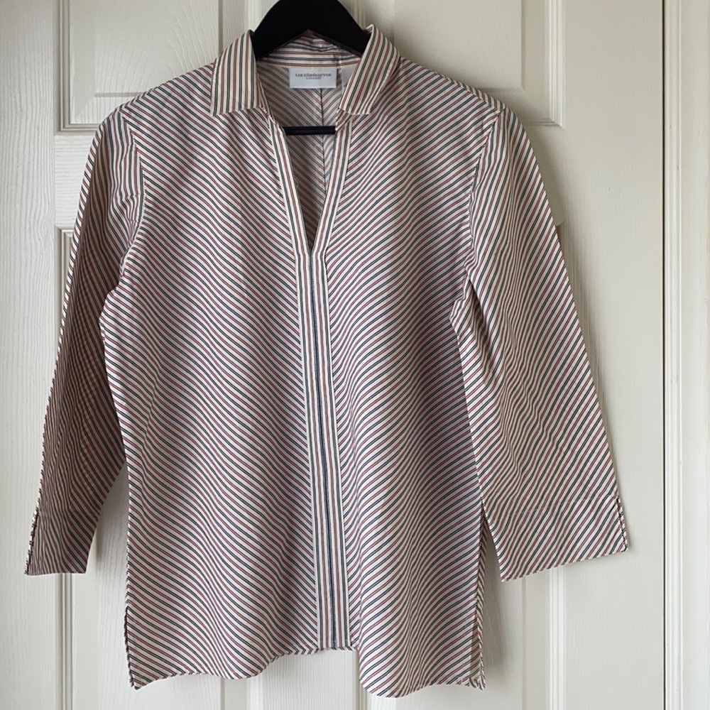 Liz Claiborne 3/4 Length Sleeve Black/Red/Cream Diagonal Stripe Top